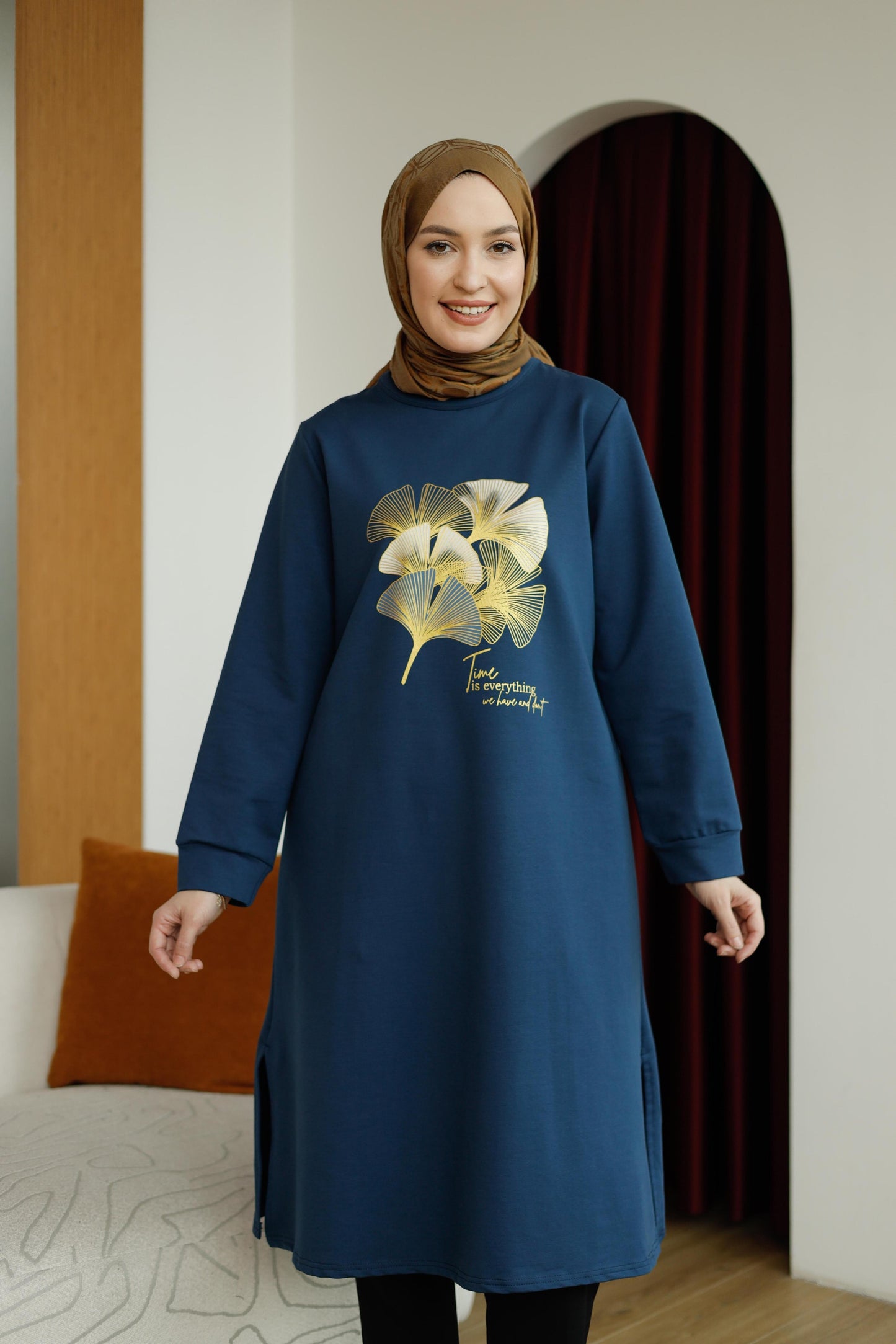 Yaprak baskılı 110 cm sweat tunik, lacivert