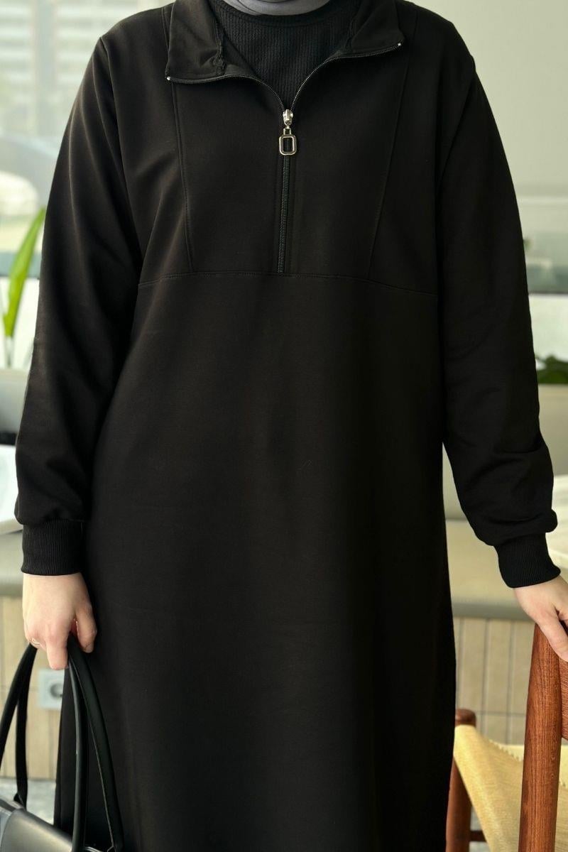 Yarım fermuarlı 110 cm sweat tunik, siyah