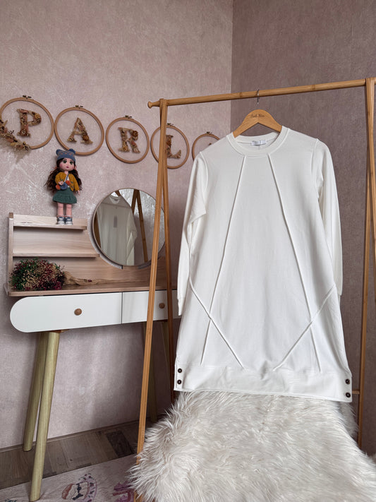 Düz tunik kısa düğme detaylı, beyaz