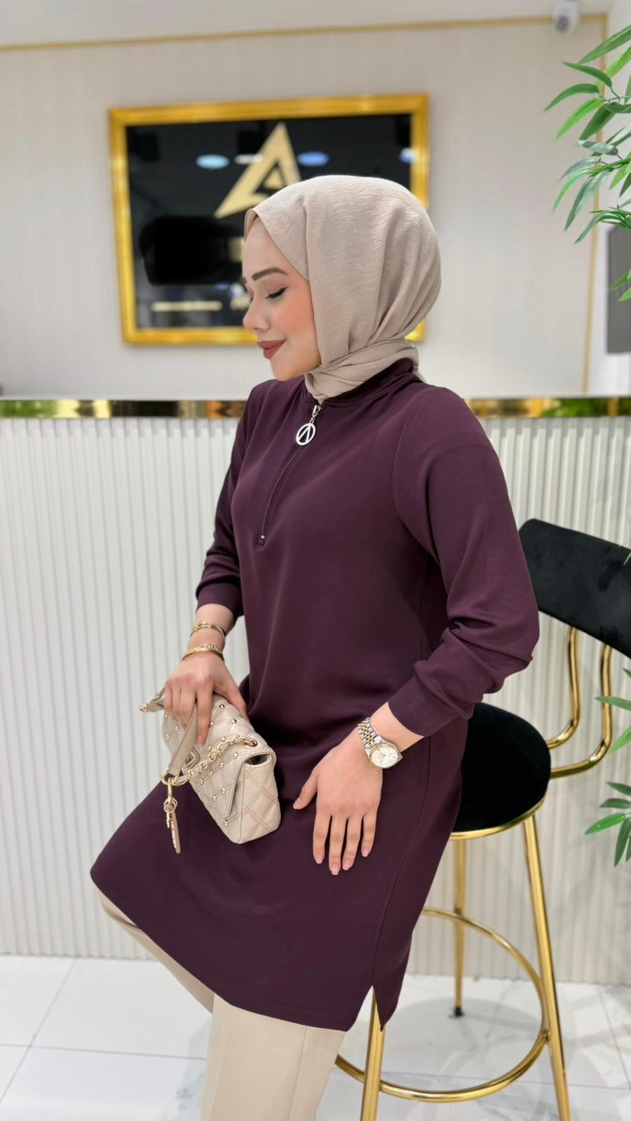 A kalite orijinal ince oysho kumaş tunik, mürdüm
