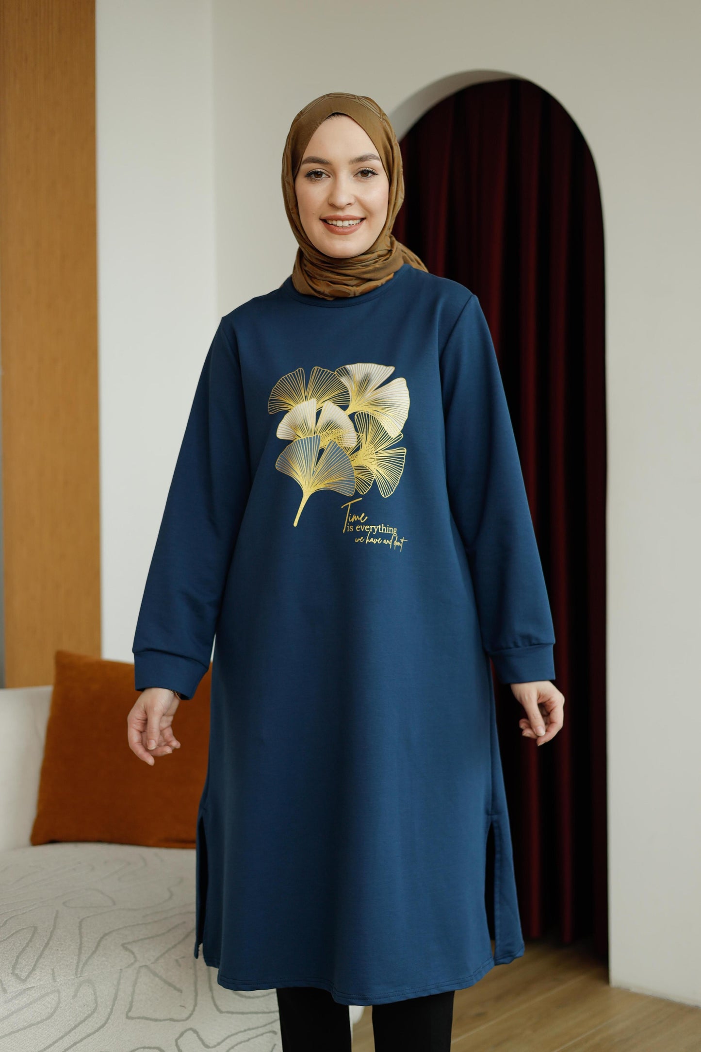 Yaprak baskılı 110 cm sweat tunik, lacivert