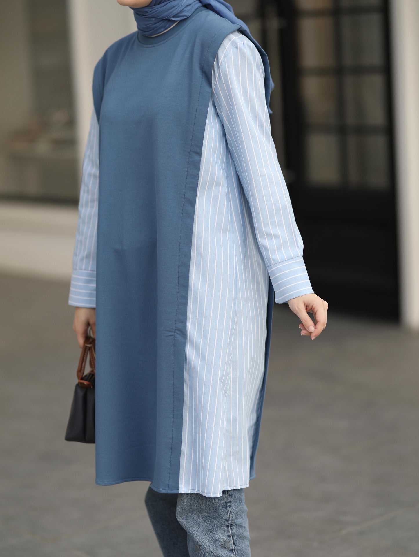 Gömlek detaylı uzun Sweat tunik, indigo