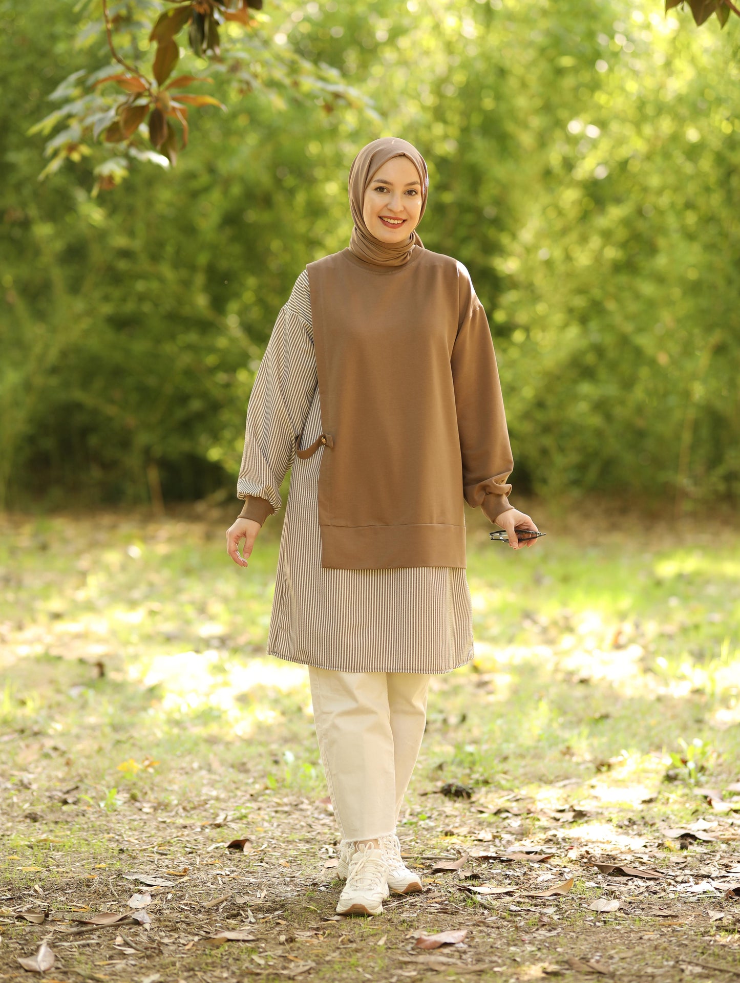 Gofre detaylı uzun sweat tunik, camel