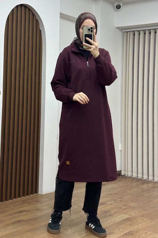 Yarım fermuarlı 110 cm sweat tunik, vişne