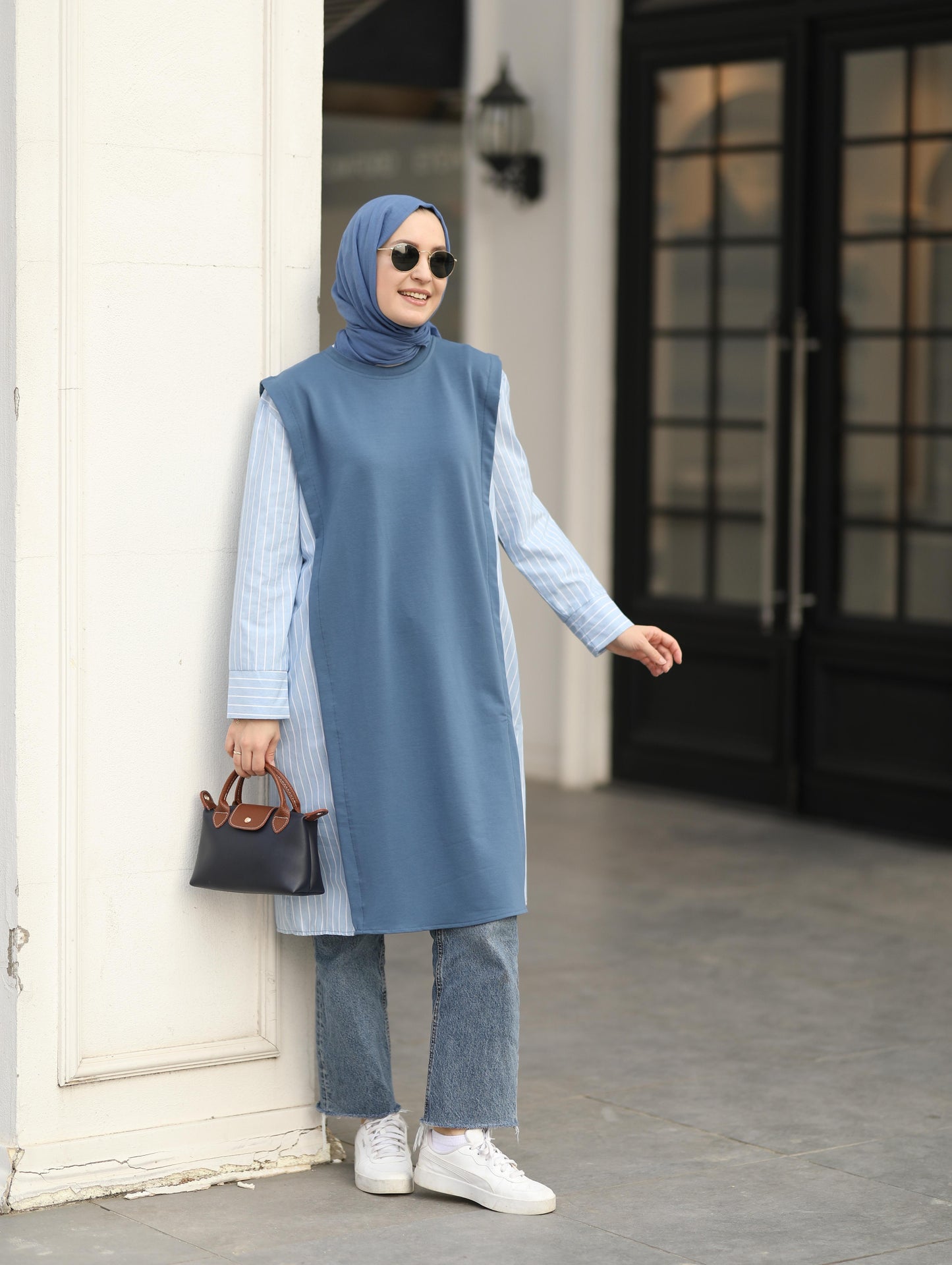 Gömlek detaylı uzun Sweat tunik, indigo