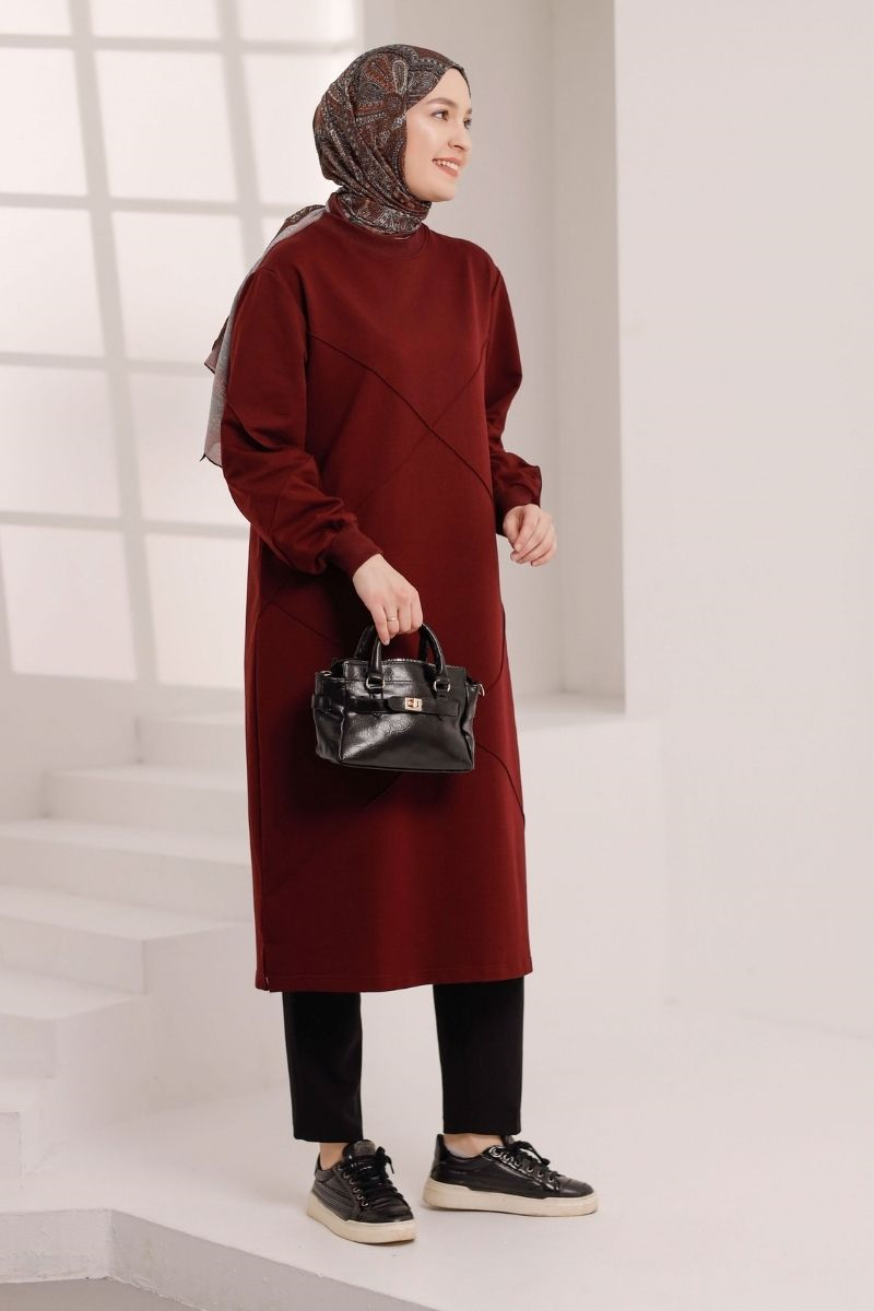Dikiş detaylı 120 cm sweat tunik, vişne