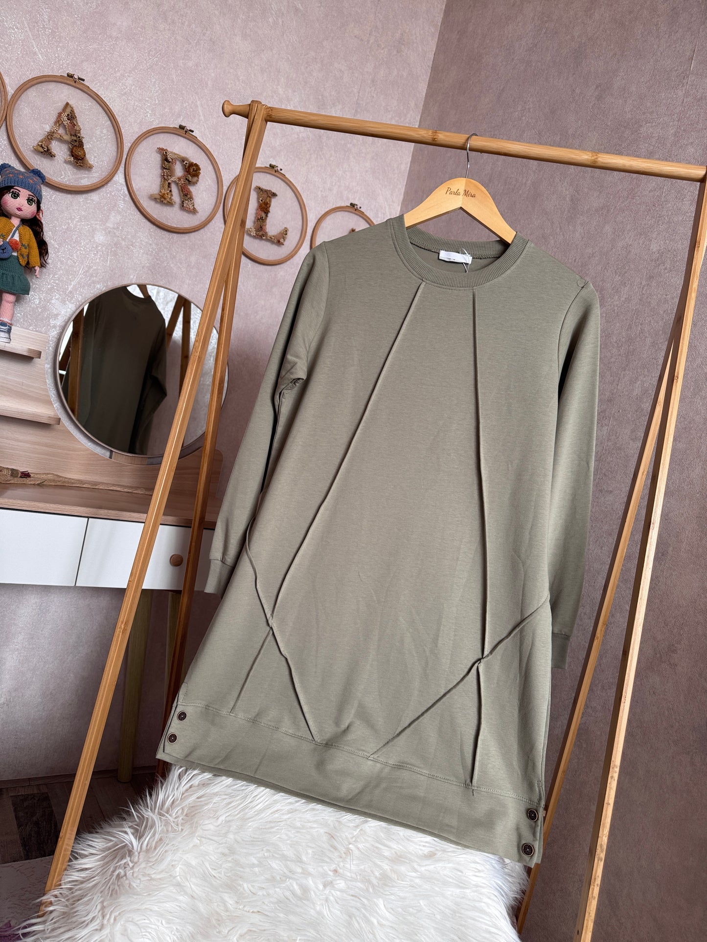 Düz tunik kısa düğme detaylı, yeşil