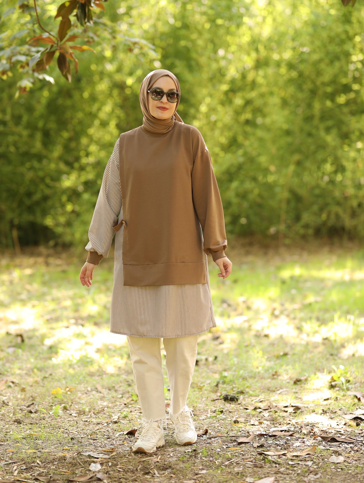 Gofre detaylı uzun sweat tunik, camel