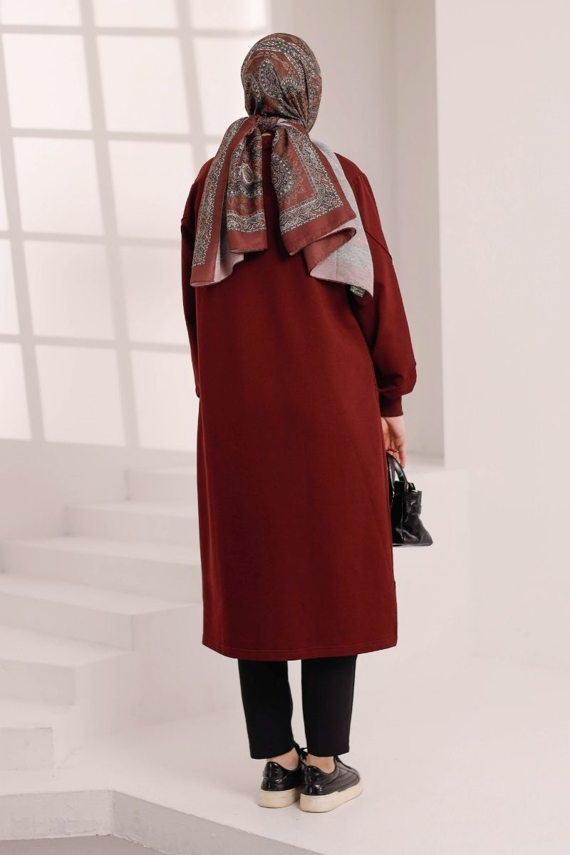 Dikiş detaylı 120 cm sweat tunik, vişne