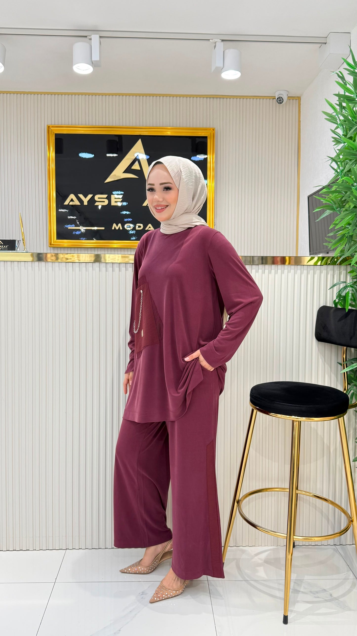 İnce bambu kumaş, zincir detaylı takım, mürdüm