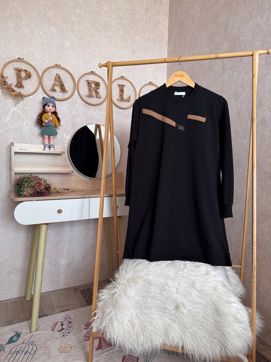 Düz tunik kısa şerit detaylı, siyah