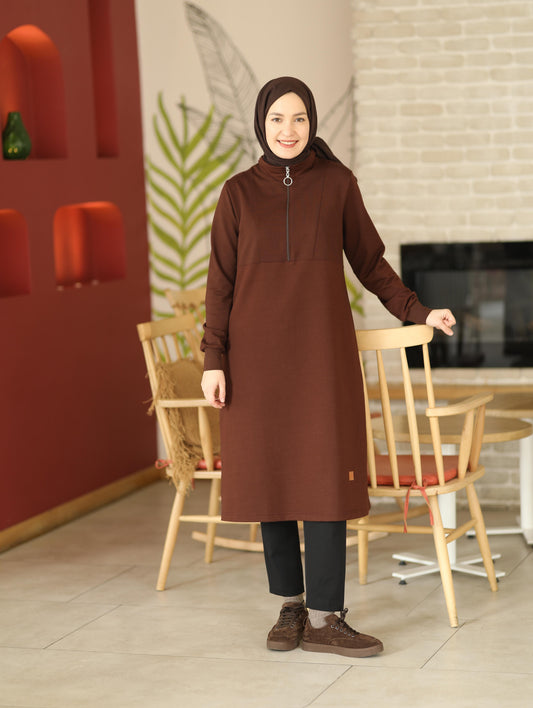 Yarım fermuarlı 110 cm sweat tunik, acı kahve