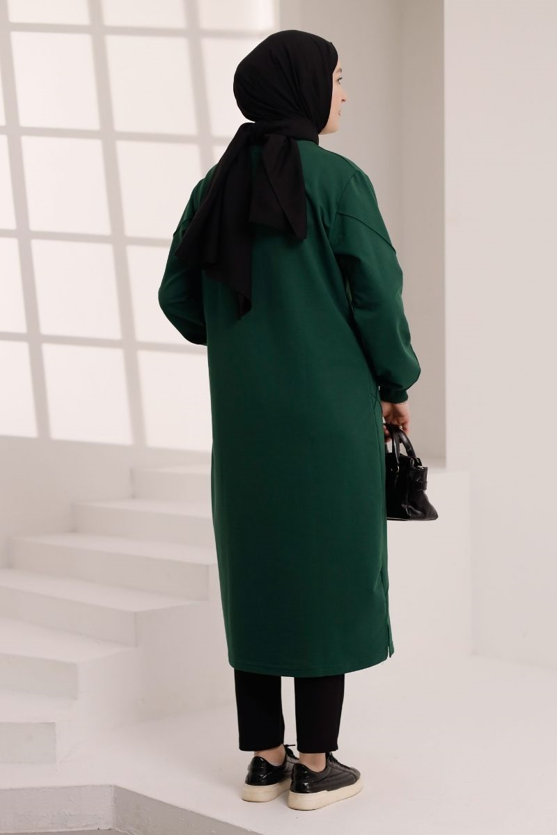 Dikiş detaylı 120 cm sweat tunik, zümrüt