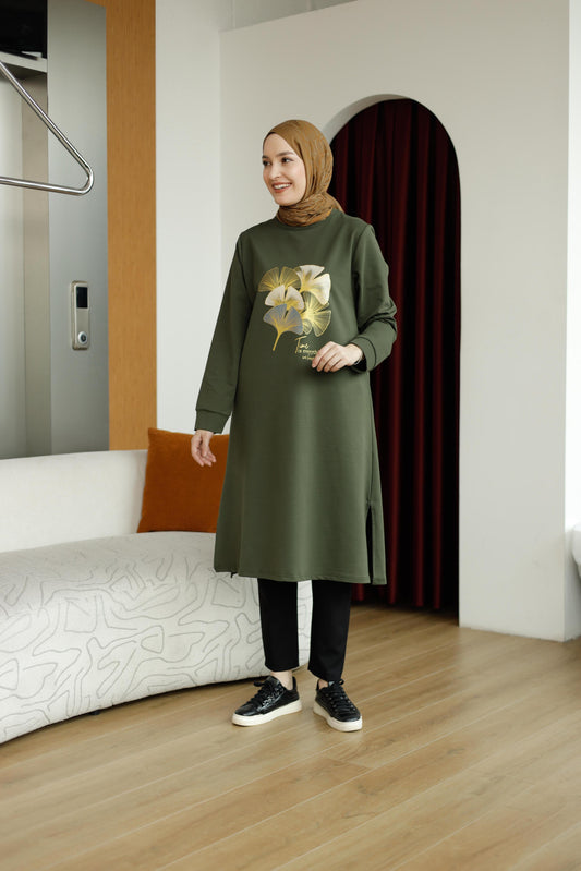 Yaprak baskılı 110 cm sweat tunik, haki