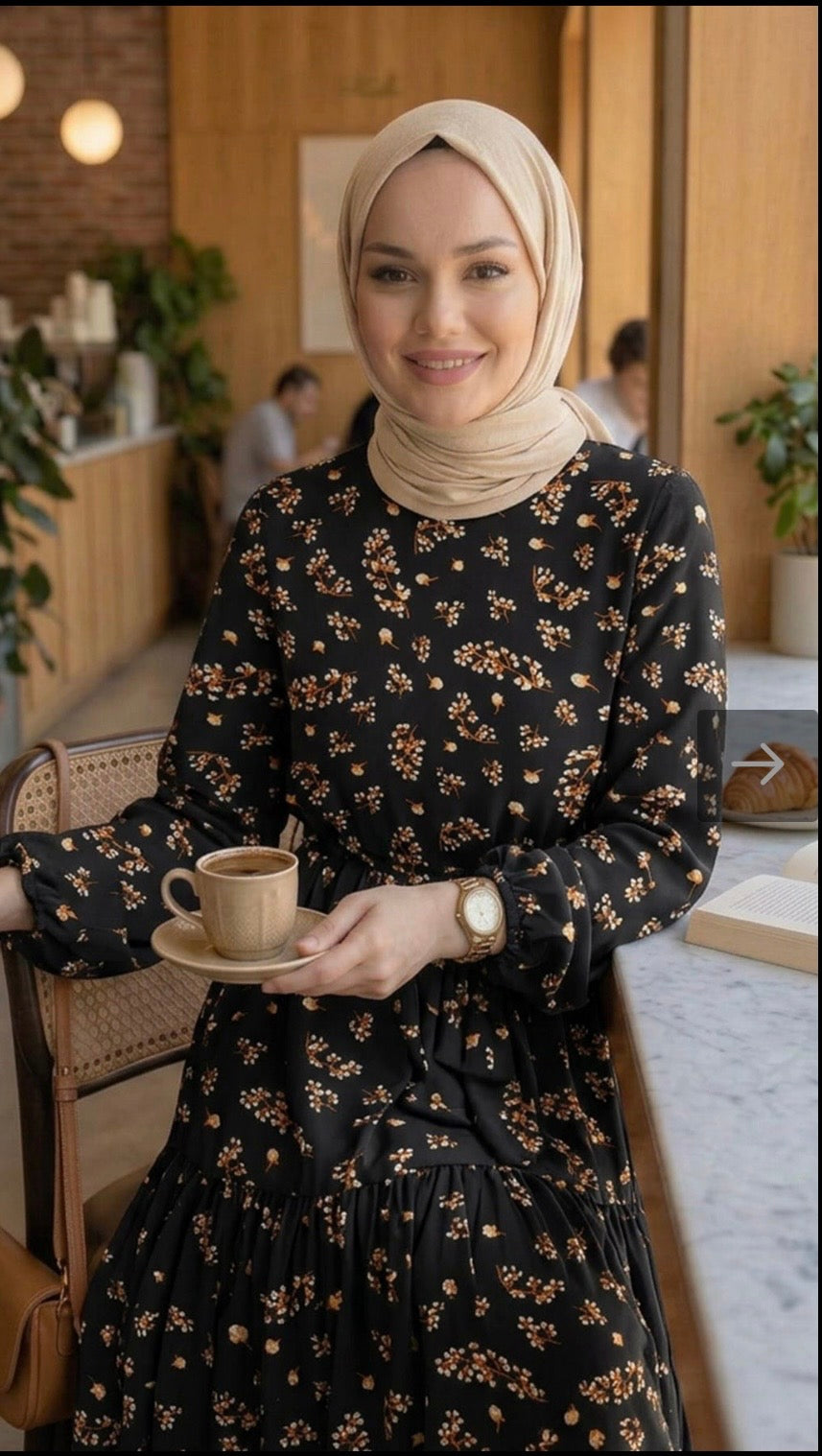 Narin elbise, taba çiçekli