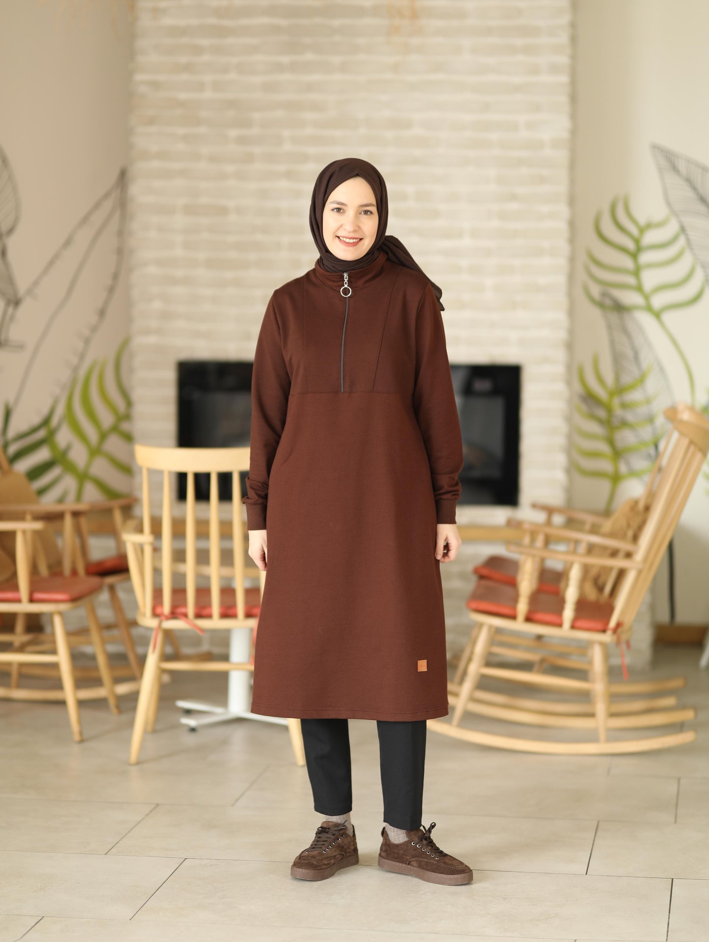 Yarım fermuarlı 110 cm sweat tunik, acı kahve