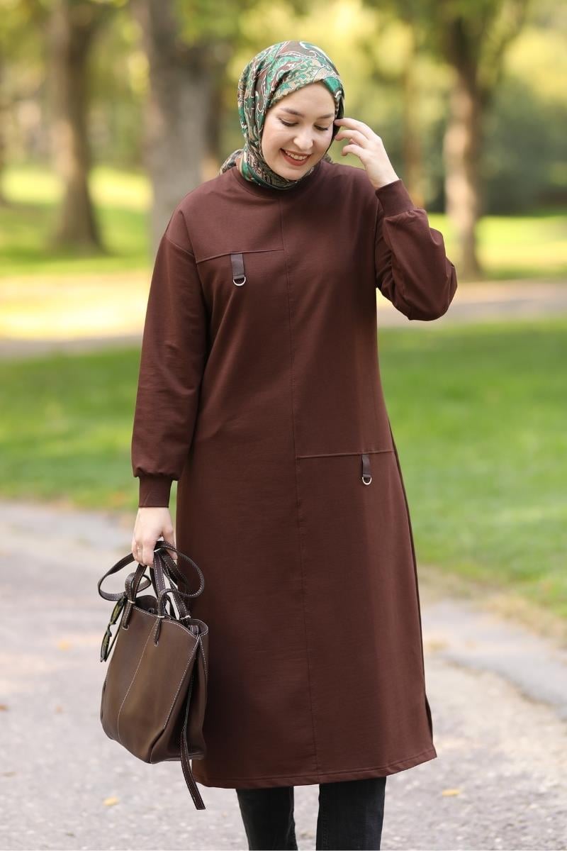 D tokalı 120 cm sweat tunik, acı kahve