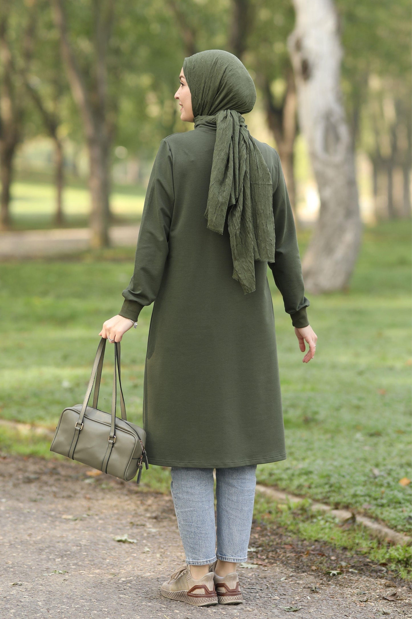 Yarım fermuarlı 110 cm sweat tunik, haki