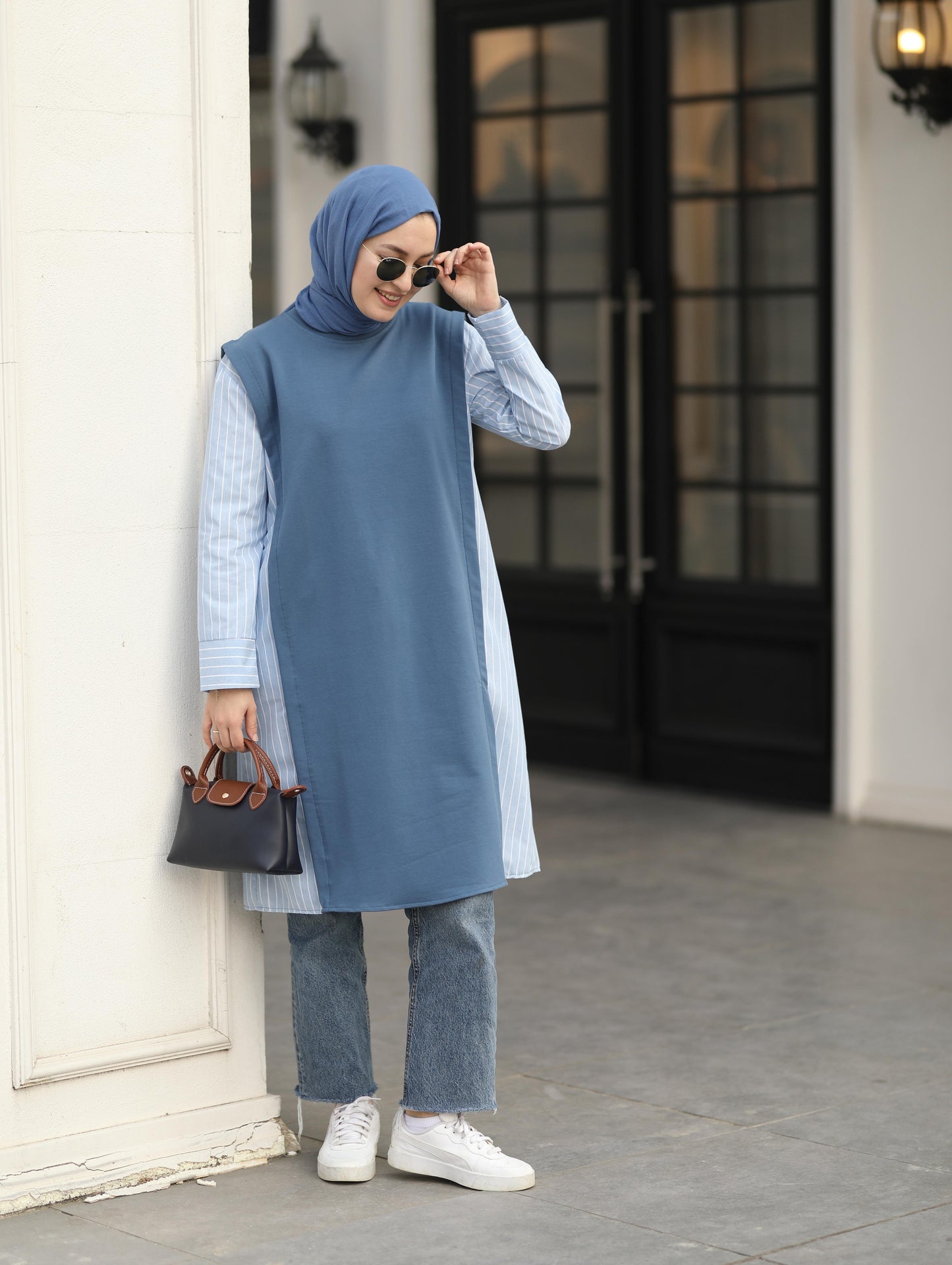 Gömlek detaylı uzun Sweat tunik, indigo