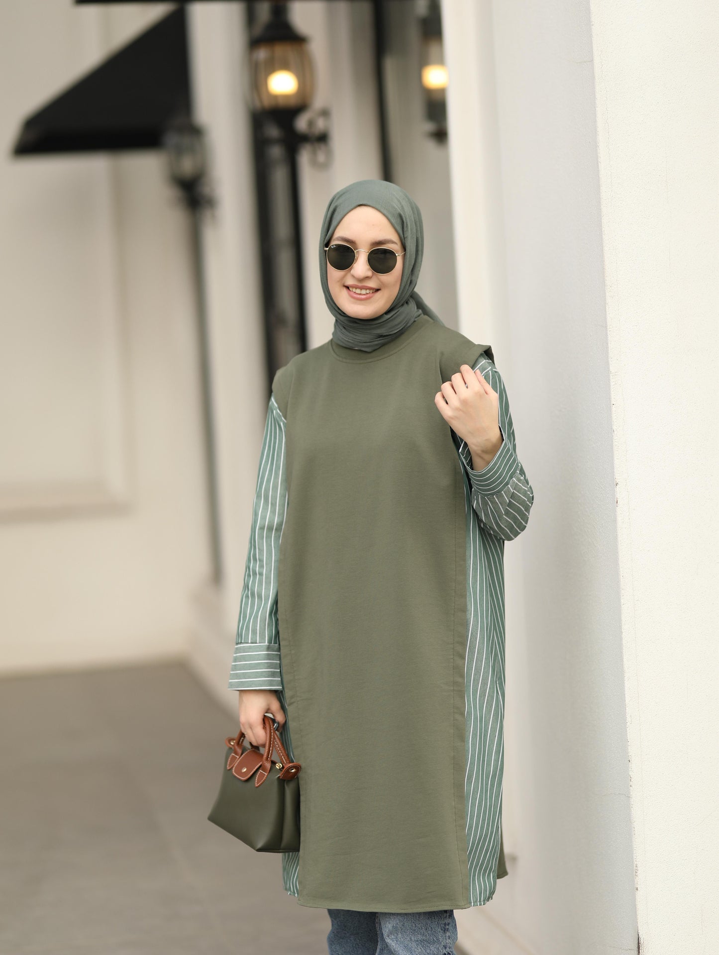 Gömlek detaylı uzun Sweat tunik, haki