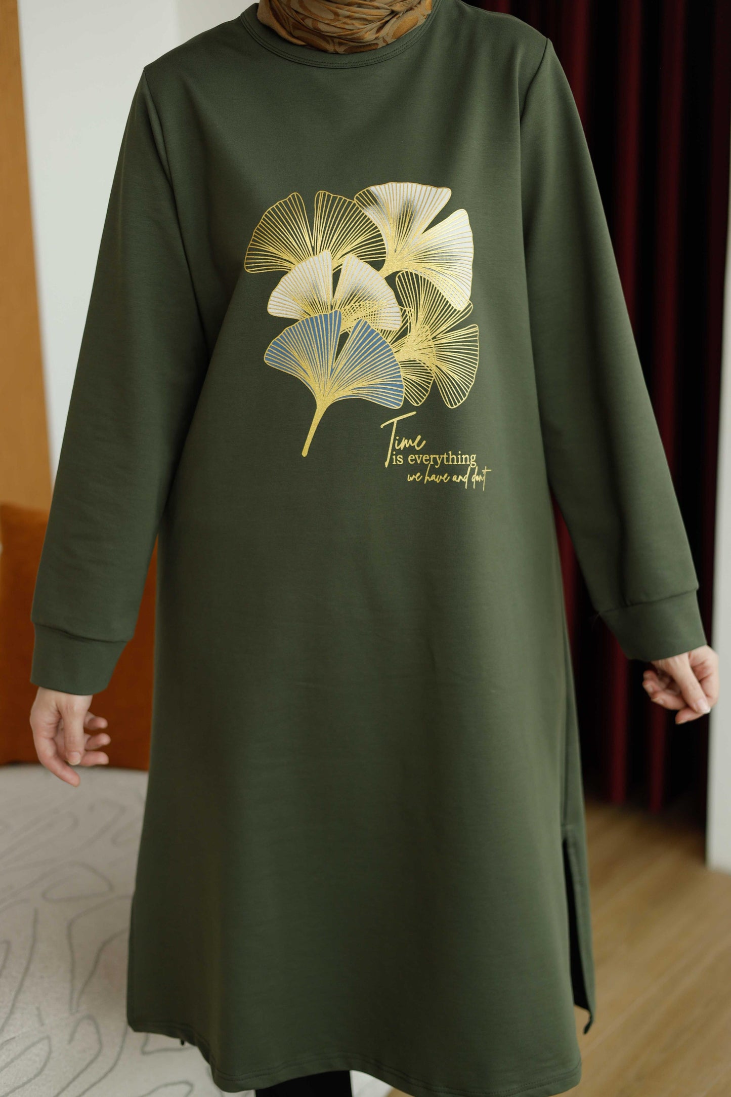 Yaprak baskılı 110 cm sweat tunik, haki