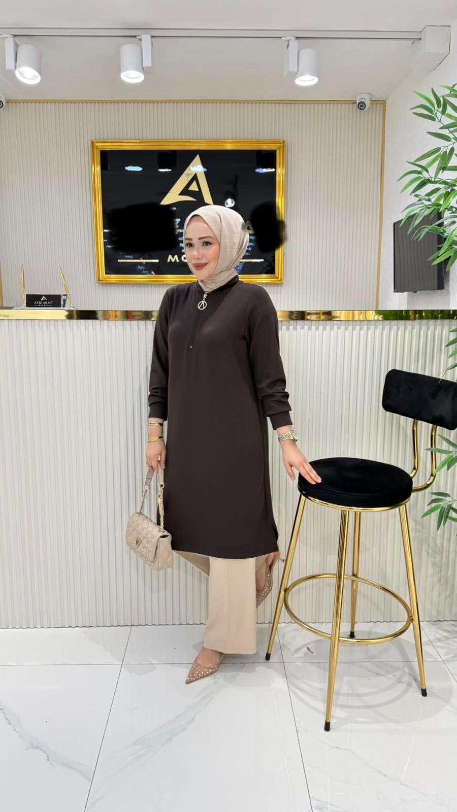 A kalite orijinal ince oysho kumaş tunik, kahverengi