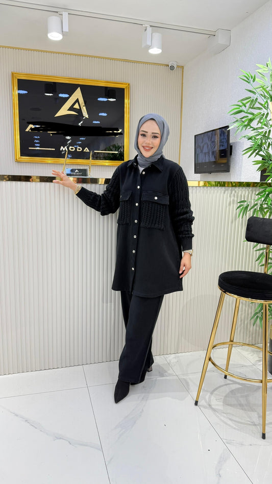 %100 pamuk kumaş ve tiko detaylı takım, siyah