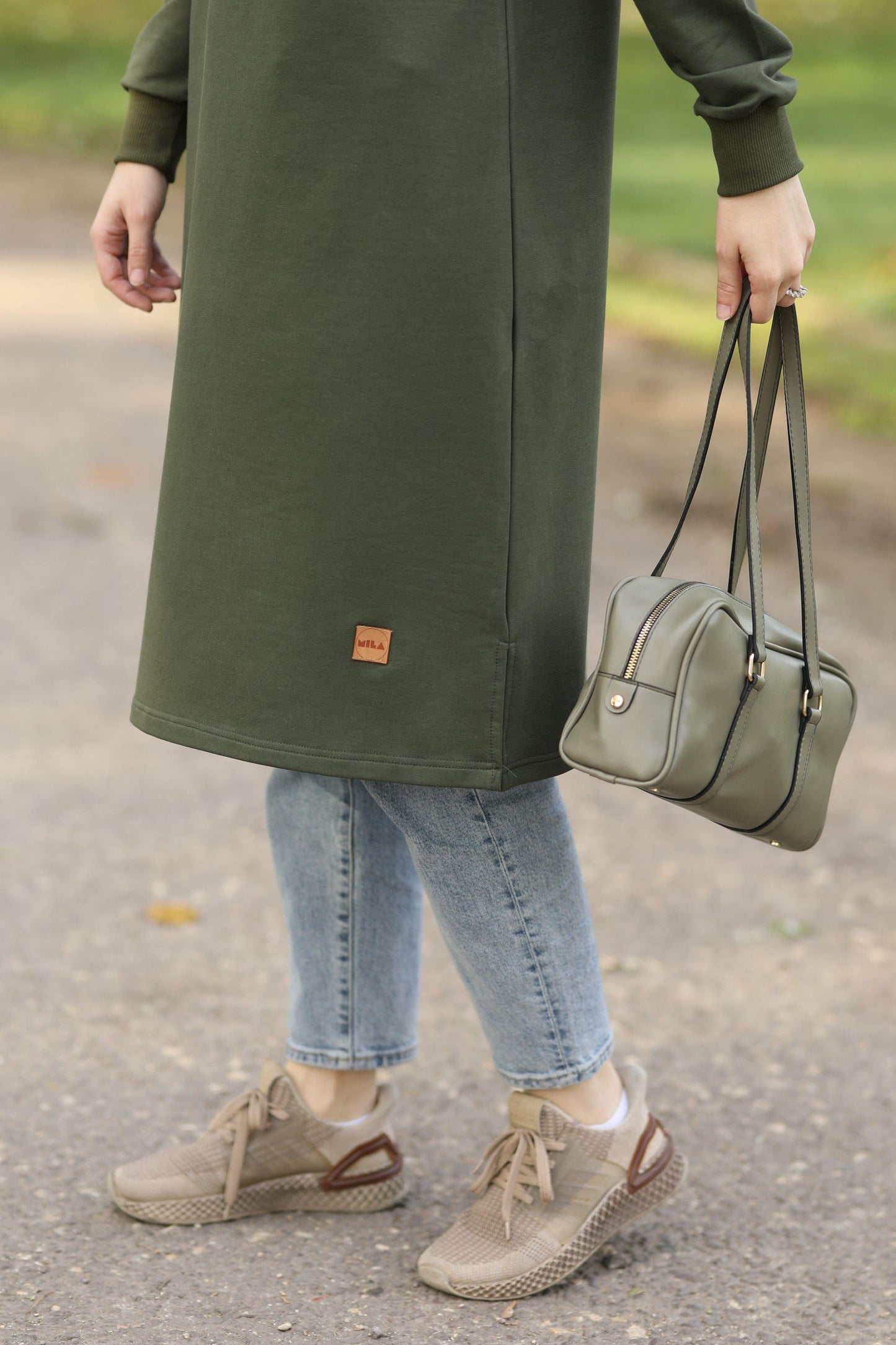 Yarım fermuarlı 110 cm sweat tunik, haki