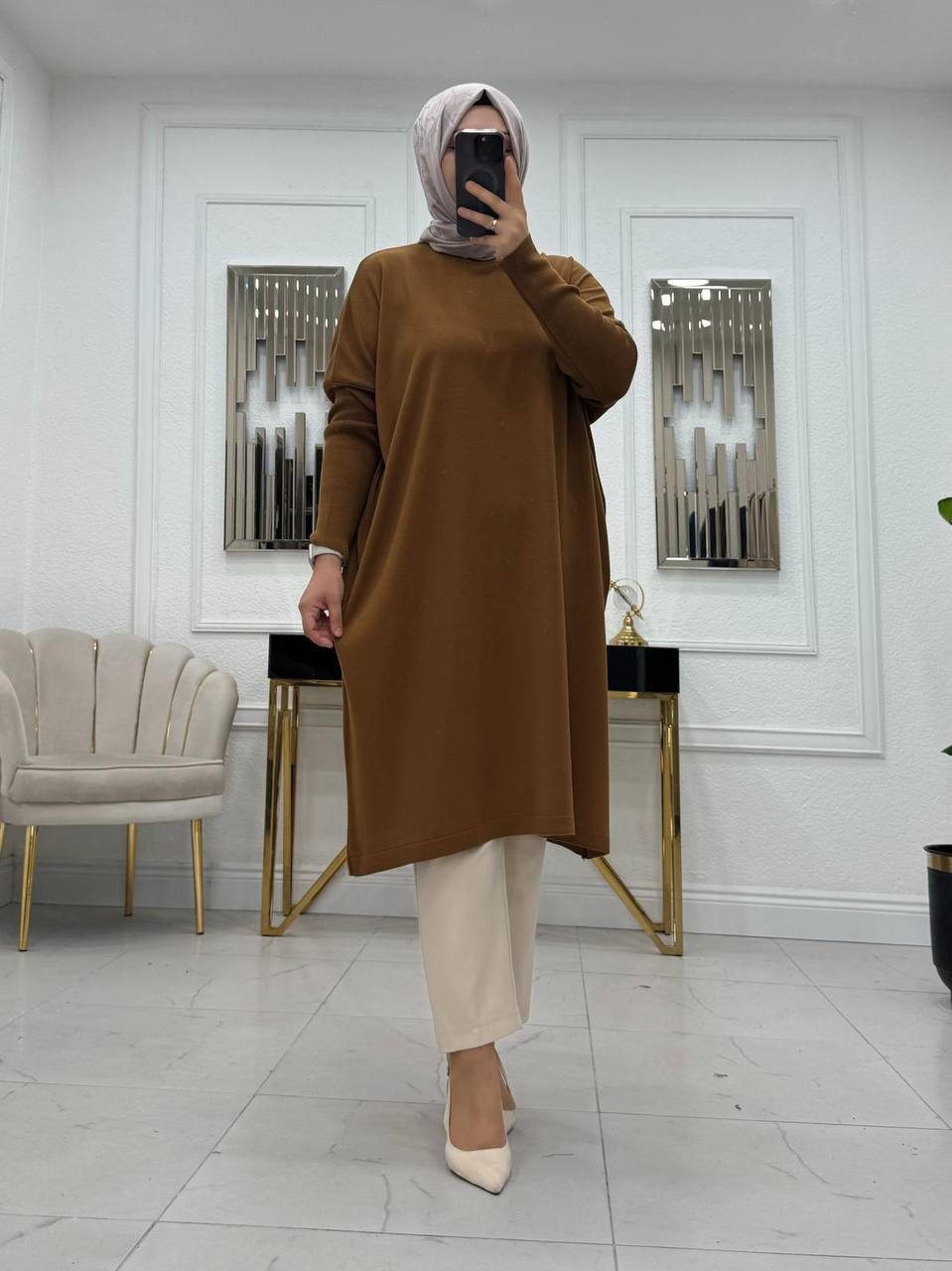 Triko tunik, sütlü kahve