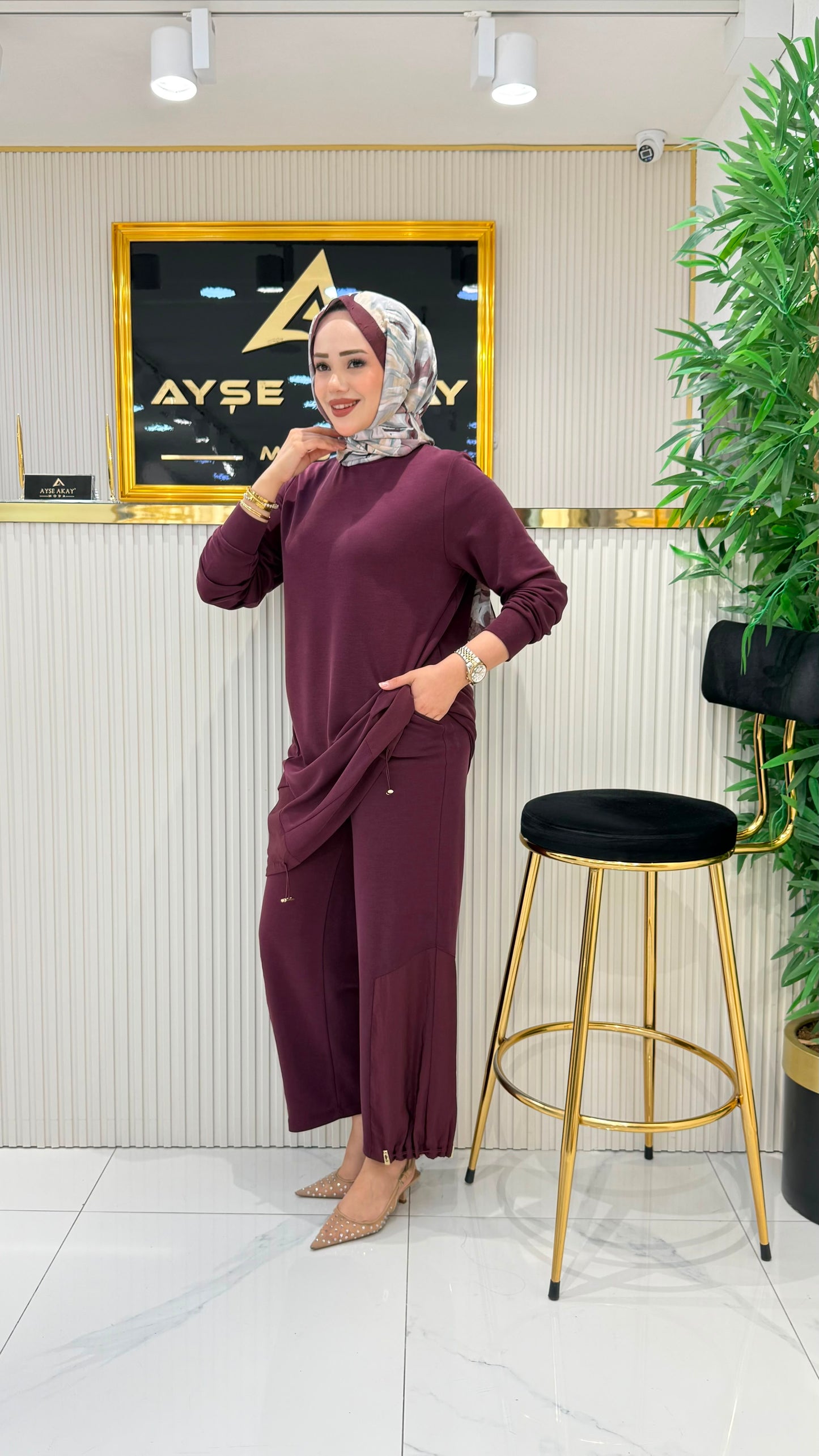Modal pike kumaş, paraşüt detaylı takım mürdüm