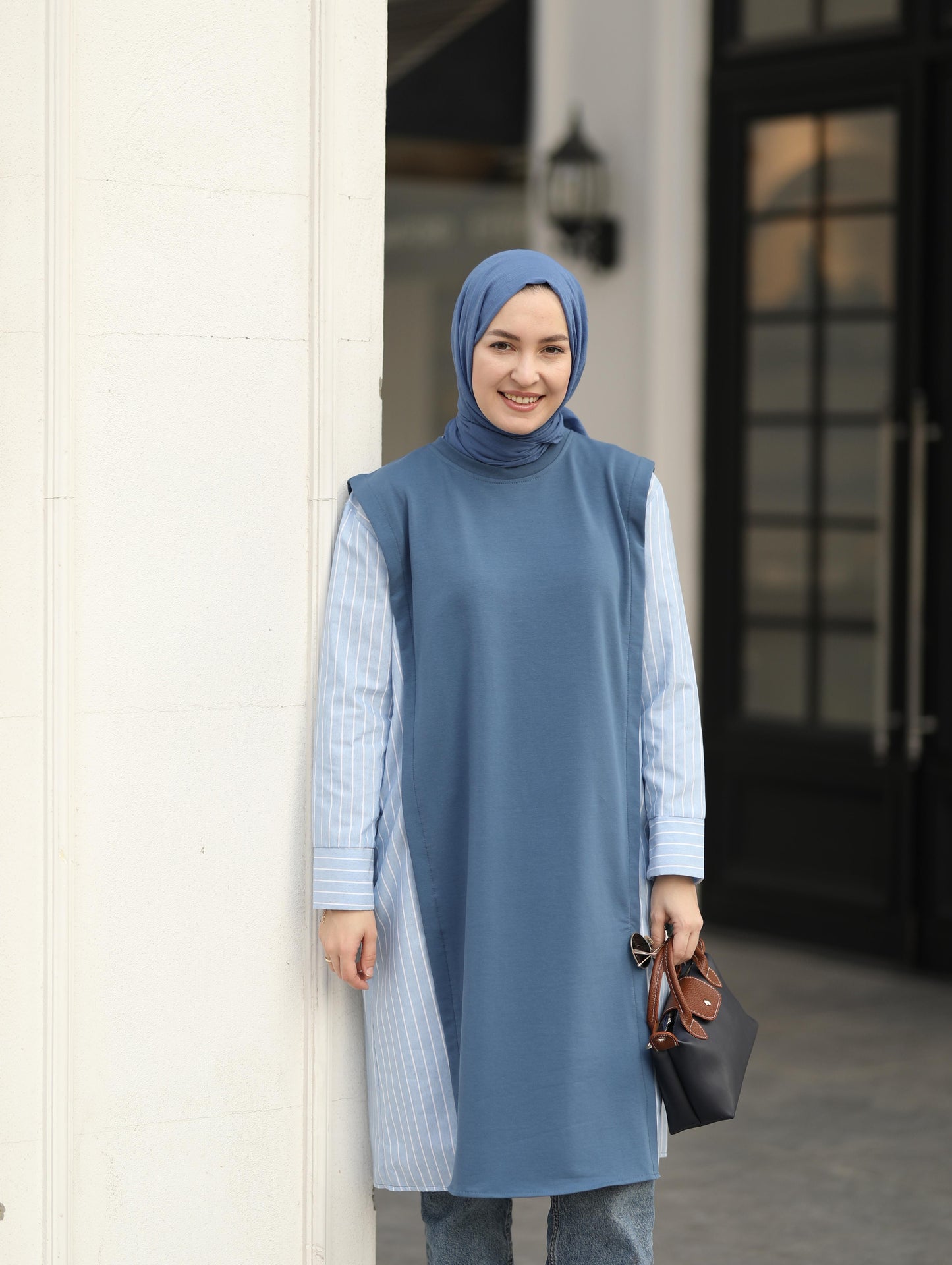 Gömlek detaylı uzun Sweat tunik, indigo