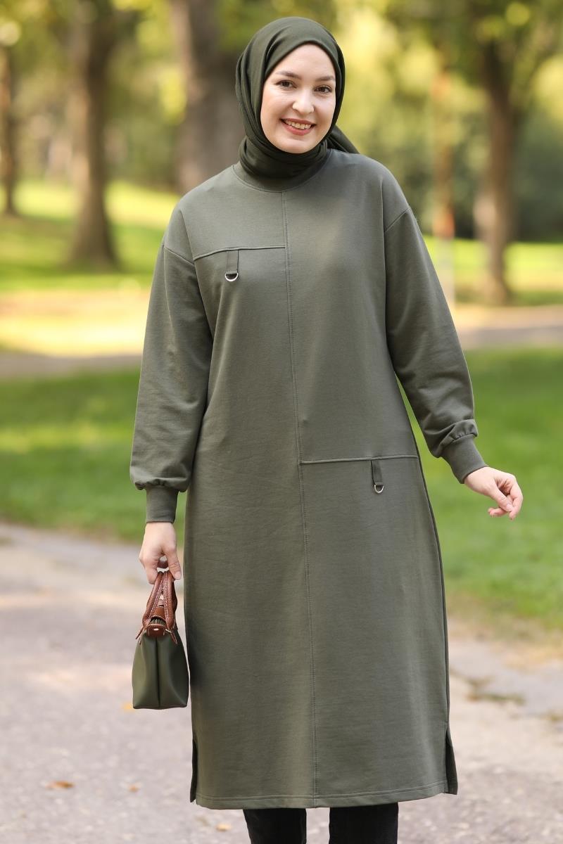 D tokalı 120 cm sweat tunik, haki