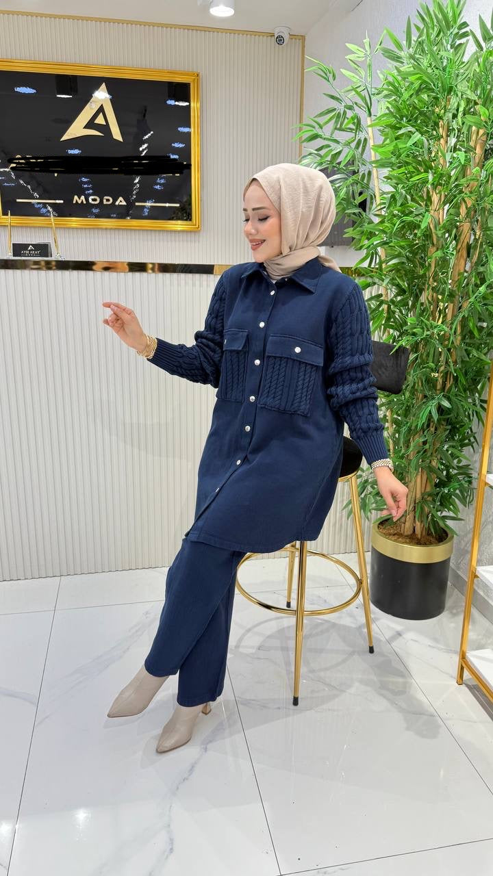 %100 pamuk kumaş ve trko detaylı takım, lacivert