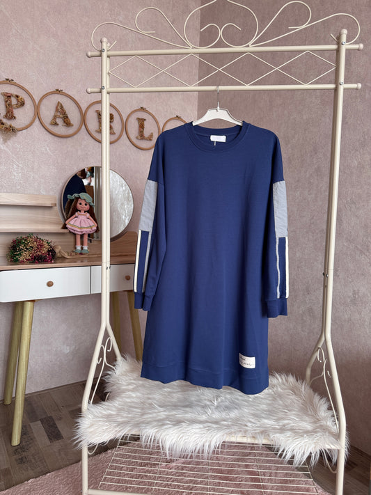 İki iplik penye tunik, kolları paraşüt detaylı, indigo
