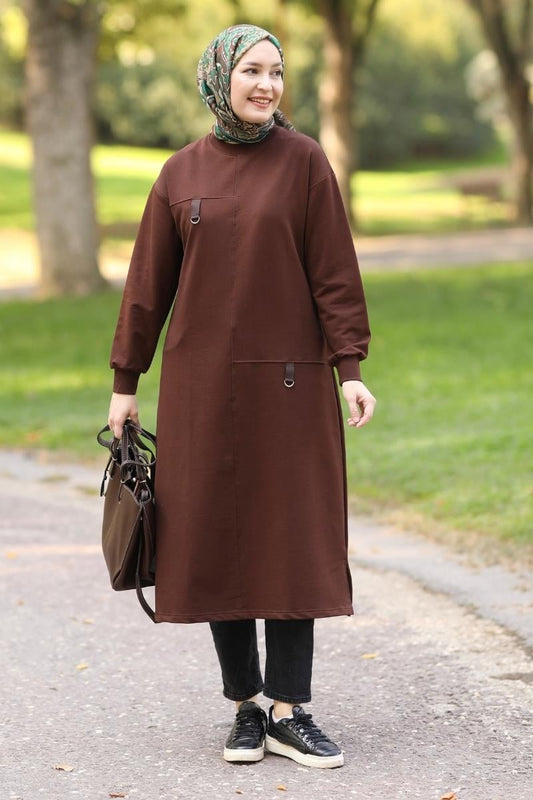 D tokalı 120 cm sweat tunik, acı kahve