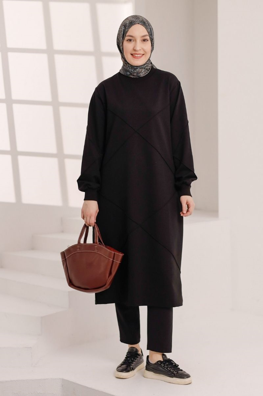 Dikiş detaylı 120 cm sweat tunik, siyah