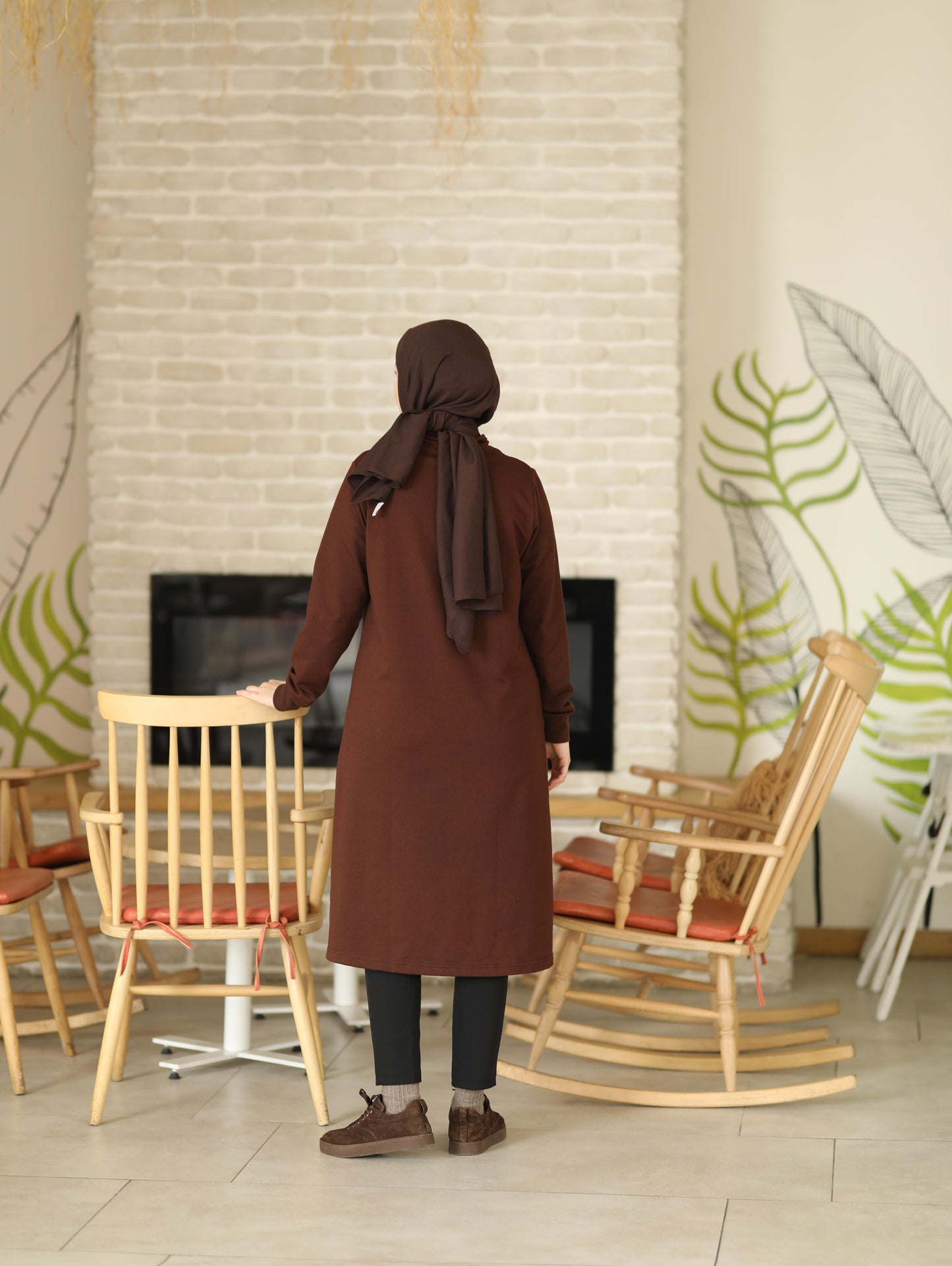 Yarım fermuarlı 110 cm sweat tunik, acı kahve