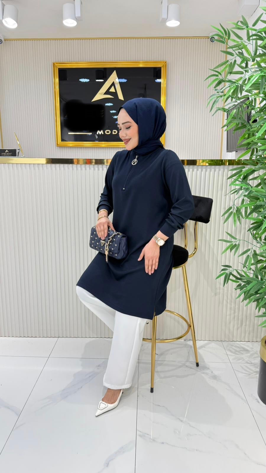 A kalite orijinal ince oysho kumaş tunik, lacivert