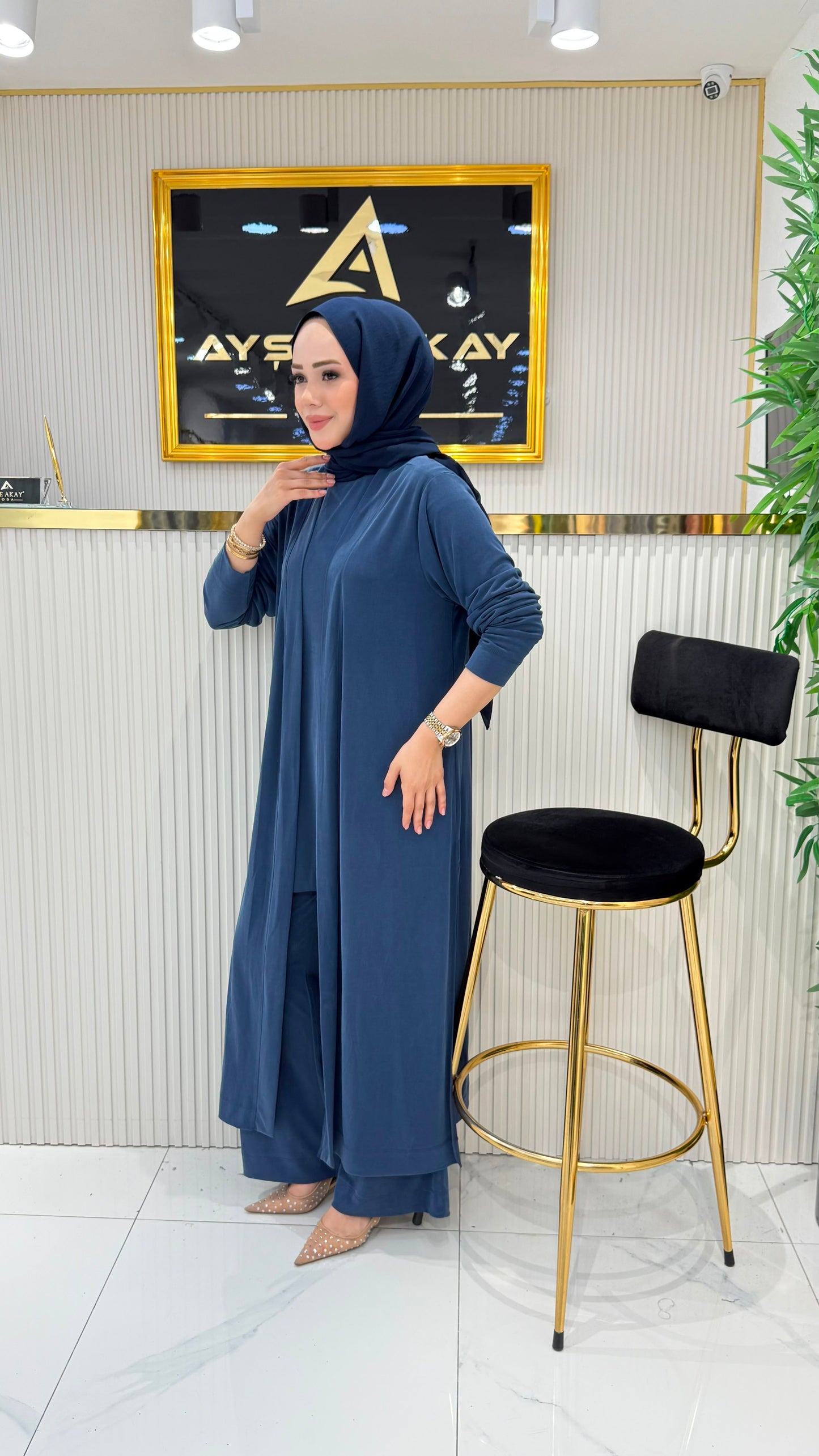 İnce bambu kumaş, üçlü takım, lacivert