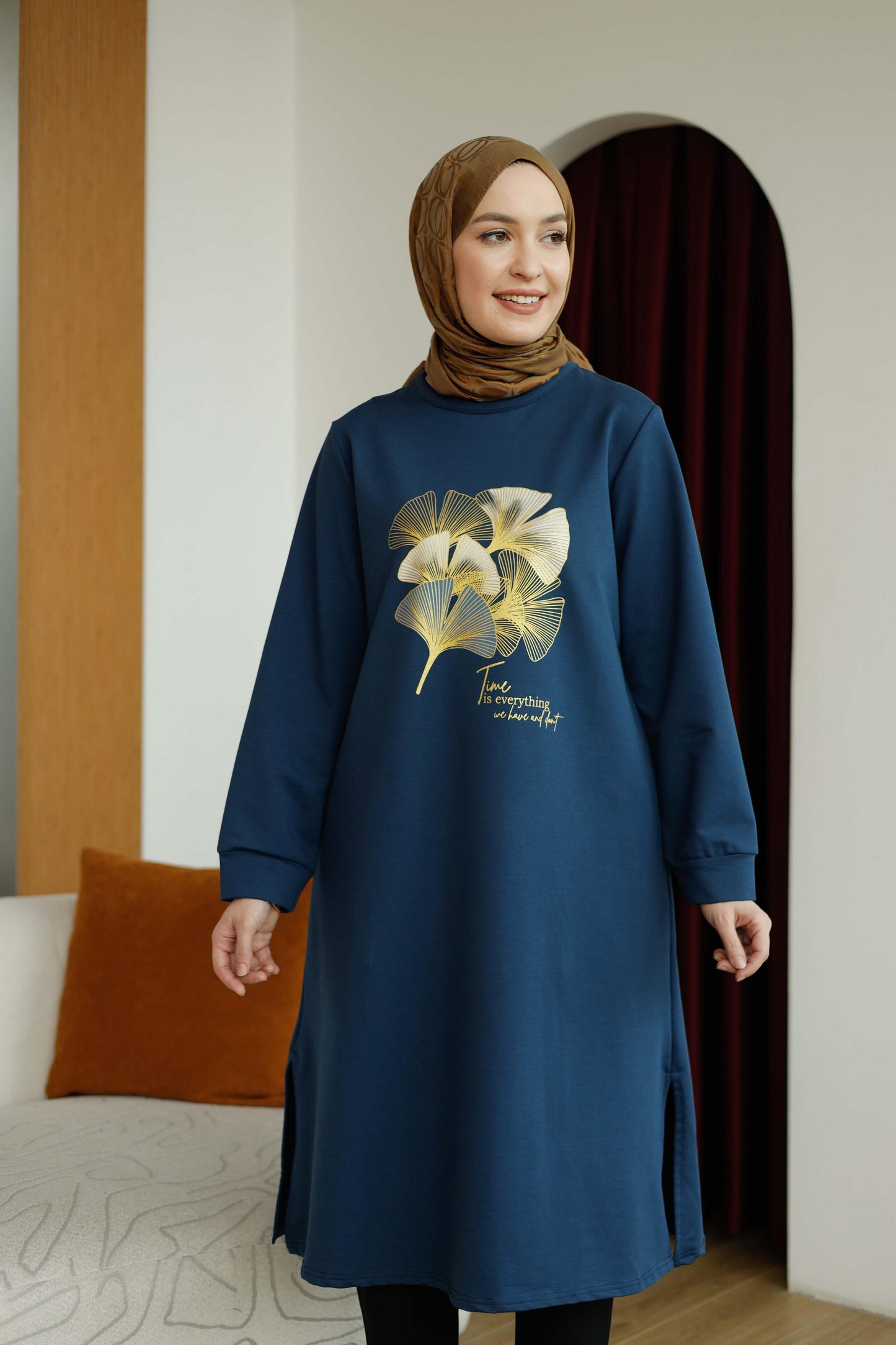 Yaprak baskılı 110 cm sweat tunik, lacivert