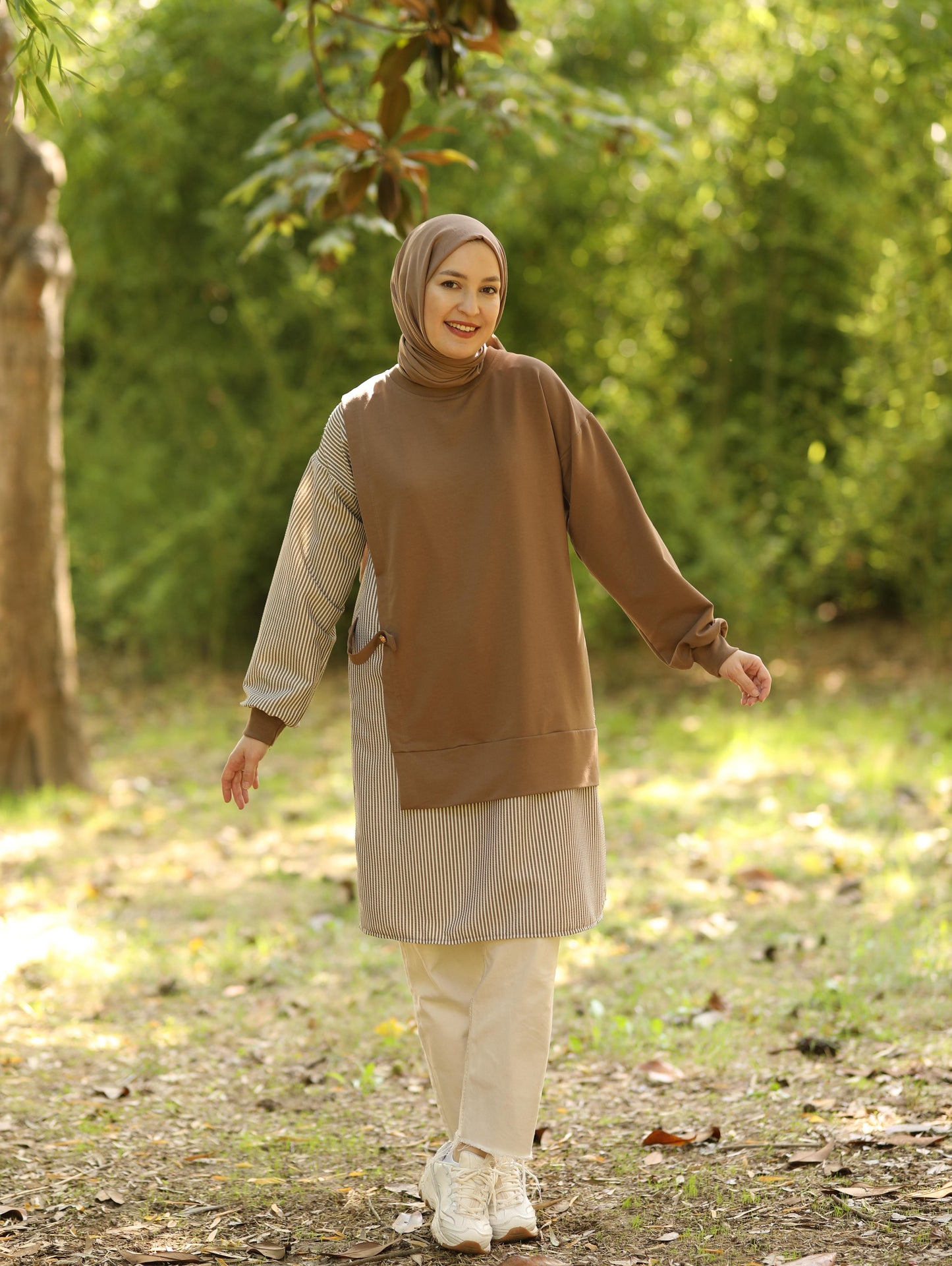 Gofre detaylı uzun sweat tunik, camel