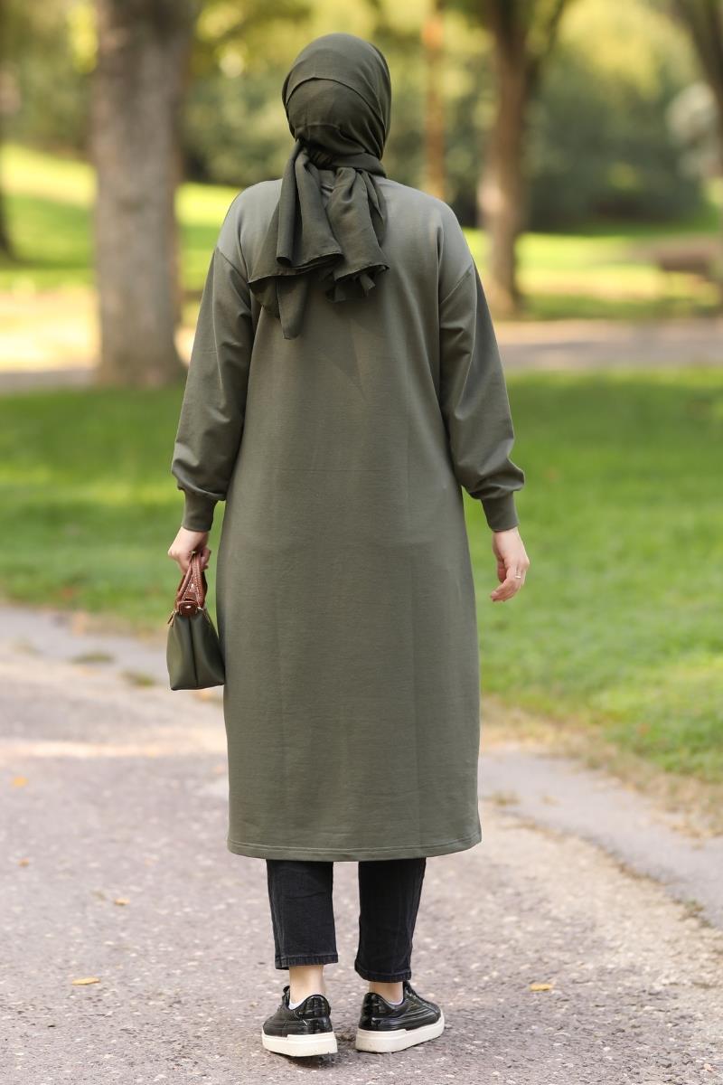 D tokalı 120 cm sweat tunik, haki