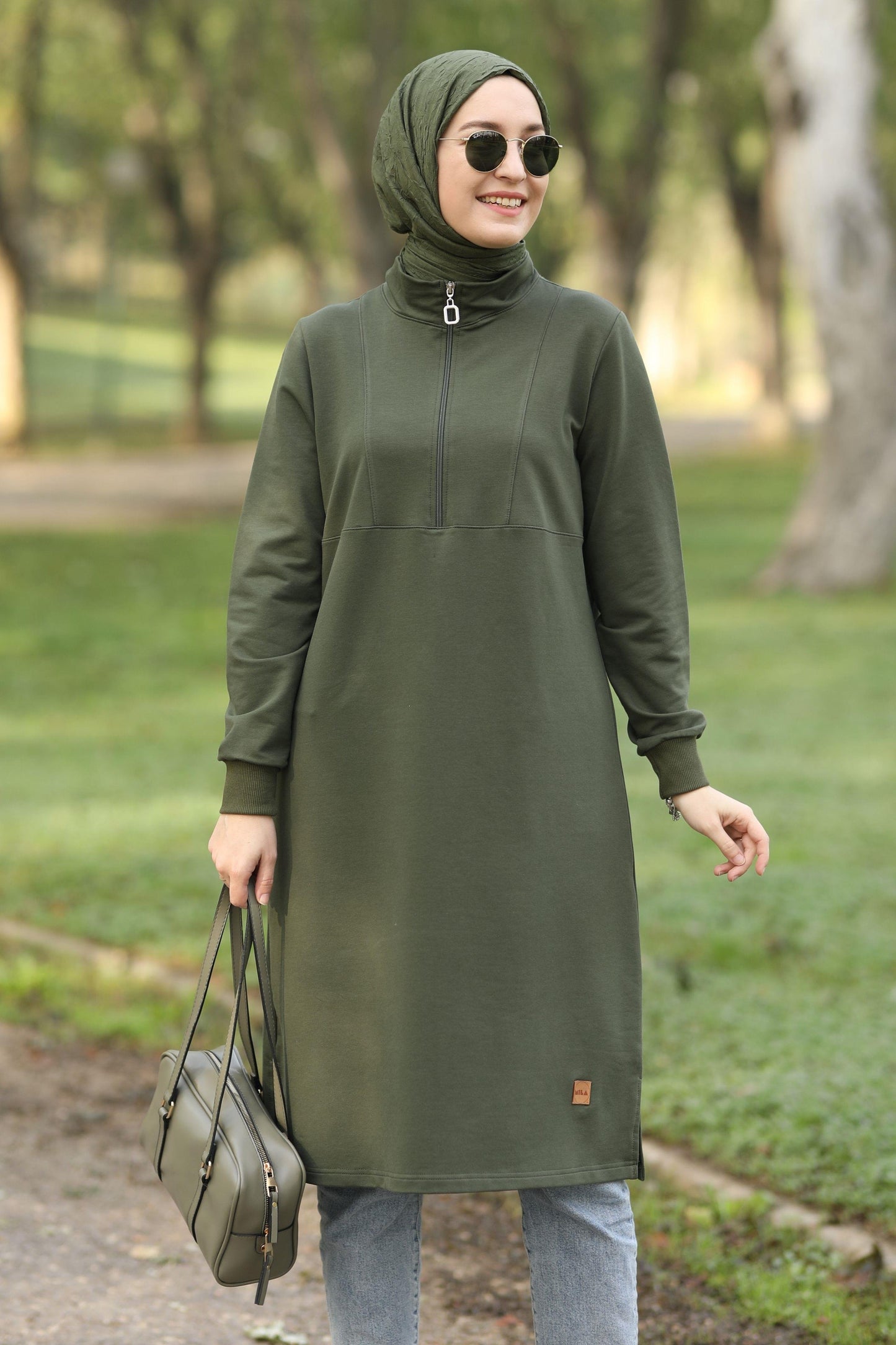 Yarım fermuarlı 110 cm sweat tunik, haki