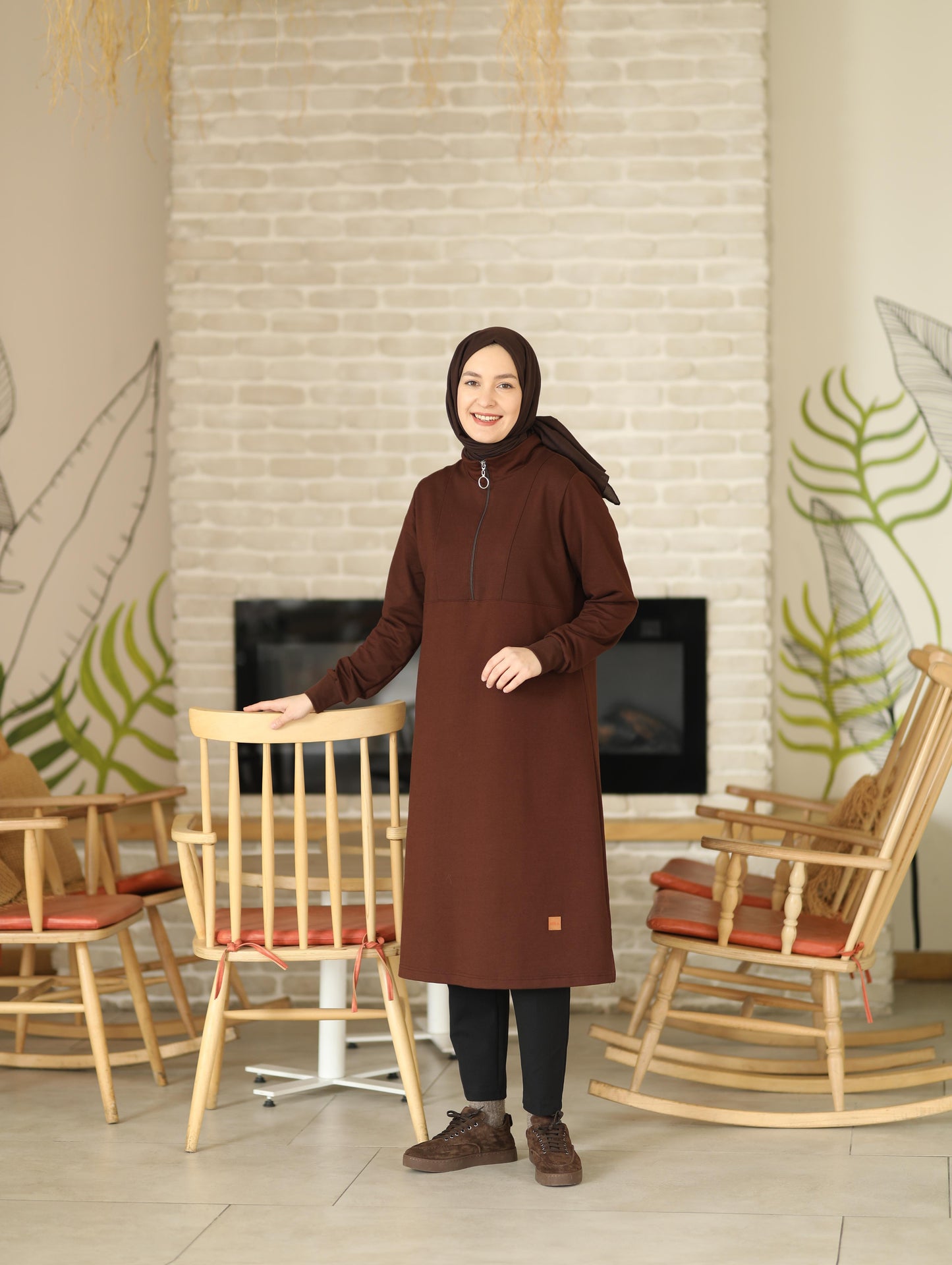 Yarım fermuarlı 110 cm sweat tunik, acı kahve