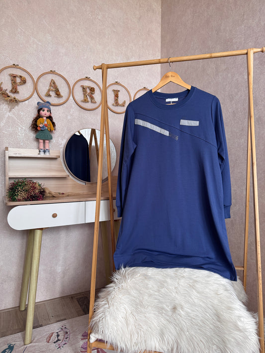 Düz tunik kısa şerit detaylı, indigo