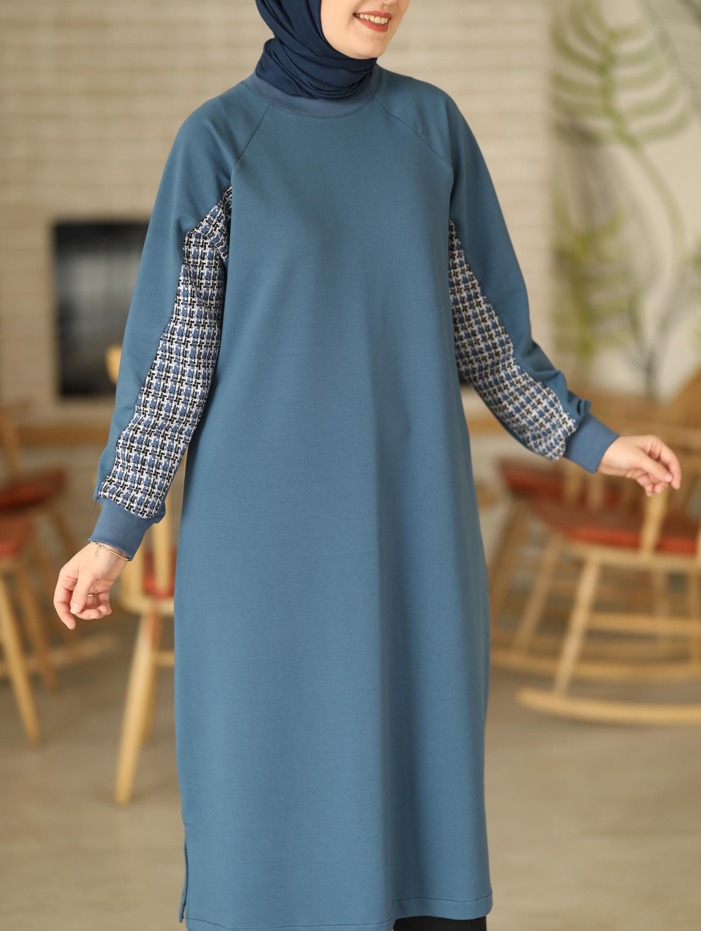 Tüvit garnili 120 cm sweat tunik, indigo