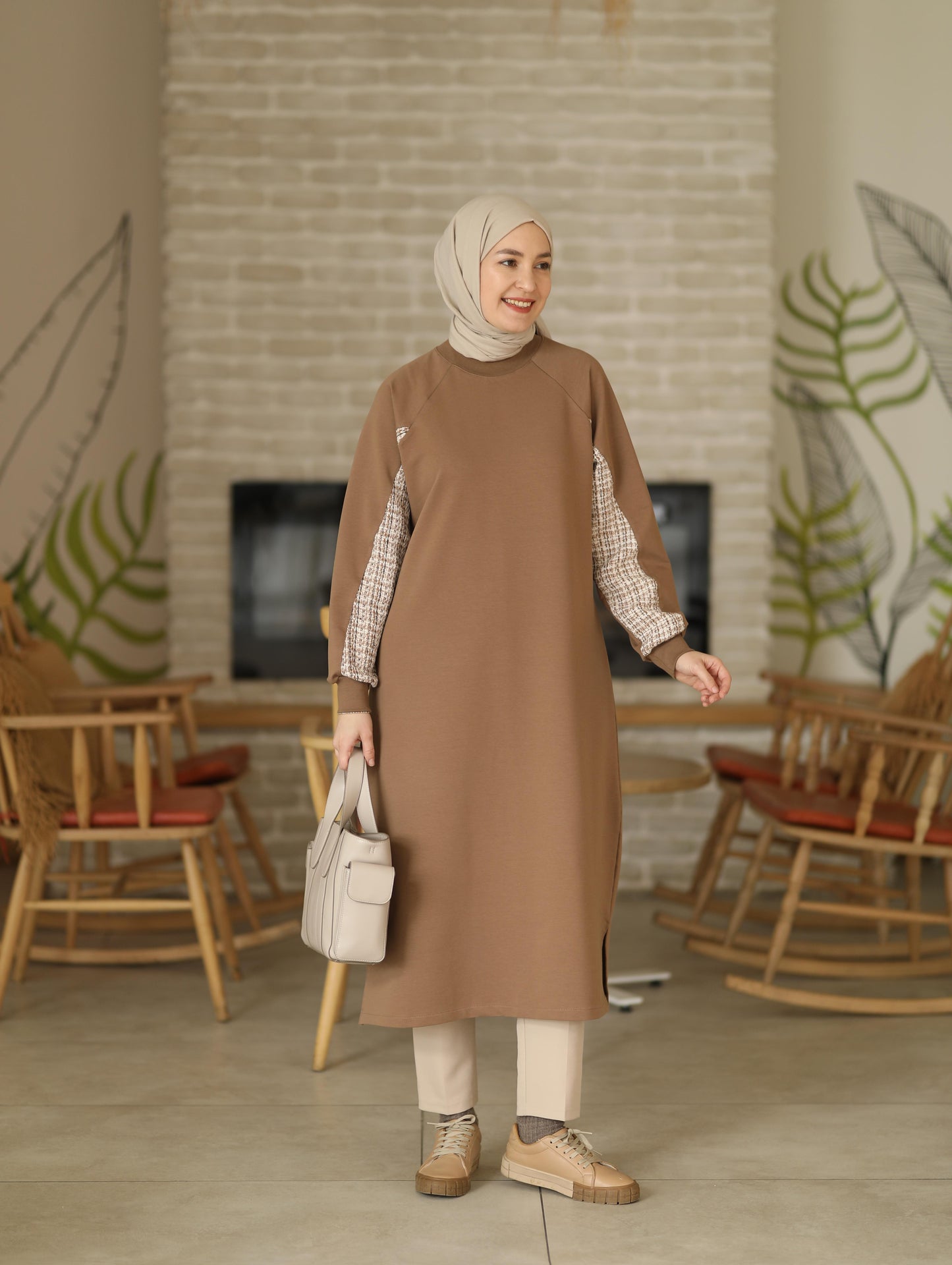 Tüvit garnili 120 cm sweat tunik, Camel