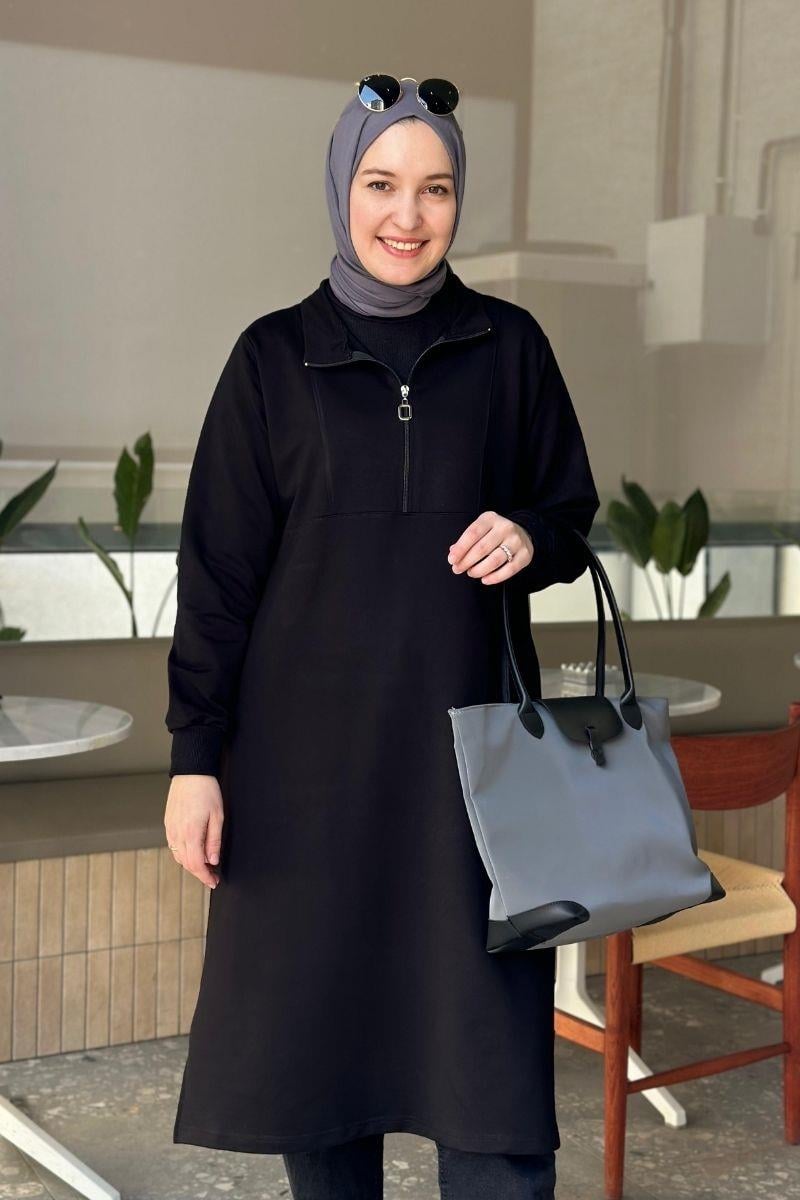Yarım fermuarlı 110 cm sweat tunik, siyah