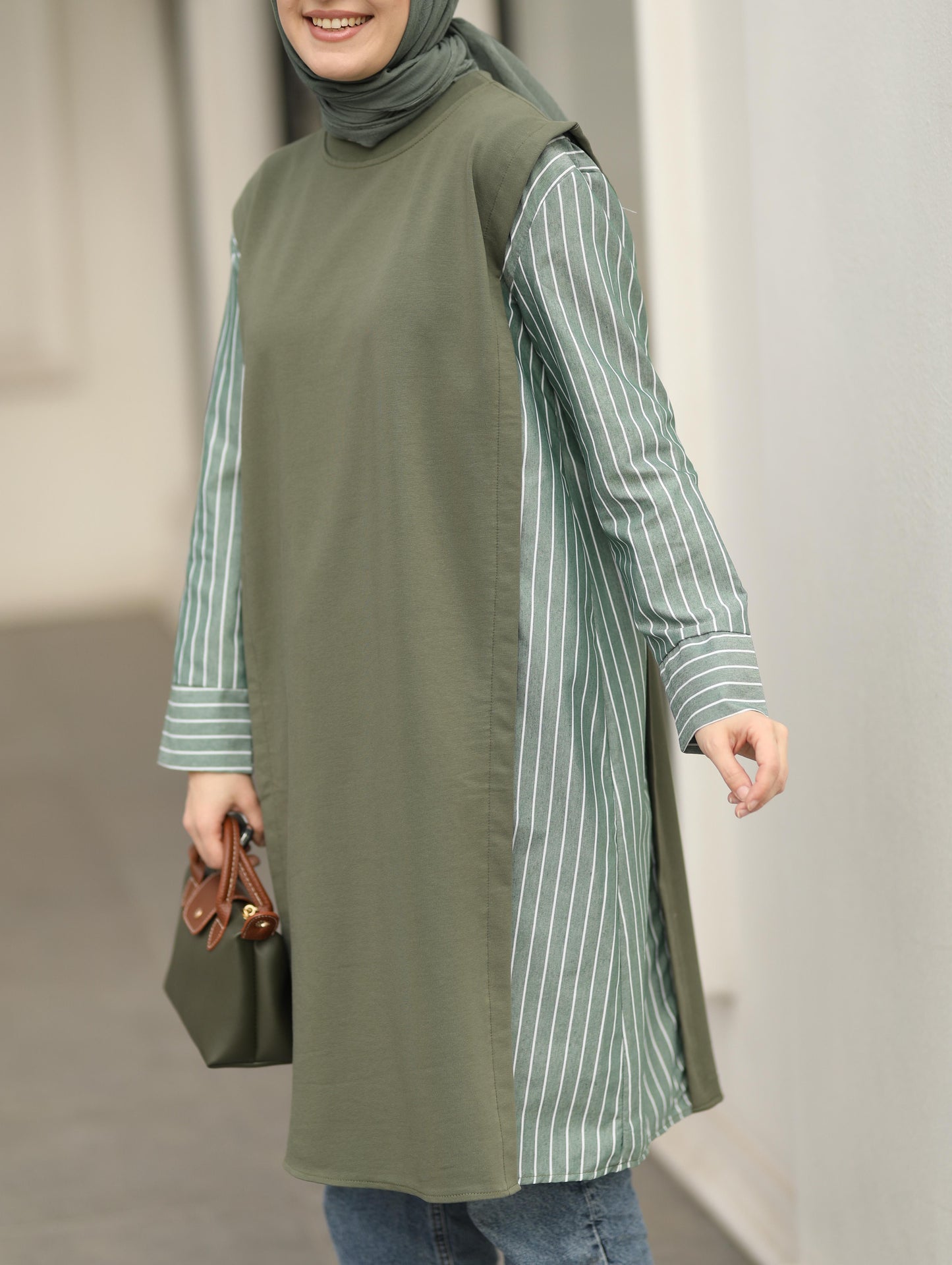 Gömlek detaylı uzun Sweat tunik, haki