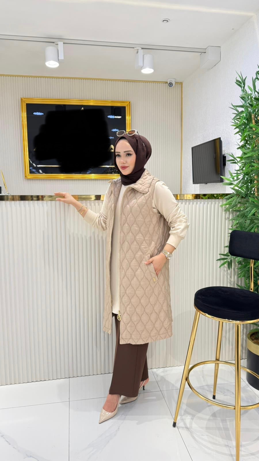 Kapitone yelek, 100 cm vizon